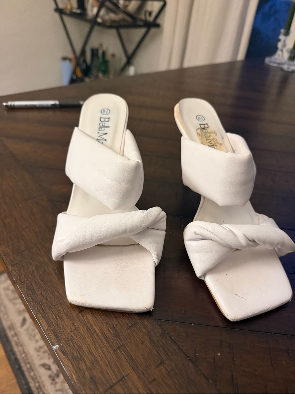 Bella Marie White Twisted Dual-Strap Square-Toe Heels